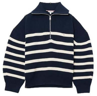 Tommy Hilfiger Donna Pullover con Zip Cardi Stitch 1/2 Zip Colletto Troyer, Multicolore (Desert Sky/Ivory Petal Stripe), 56
