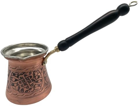 Cezvex-Ares-handgemachte, gravierte türkische Kaffeekanne- Mokkakanne, Cezve aus Kupfer mit Holzgriff bis zu 6 türkische-Tassen, Mehmet Efendi Kaffee 100g gratis