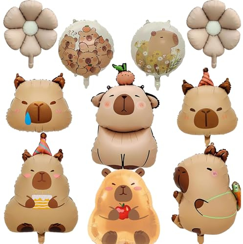 Globos Capybara Cumpleaños, 10 Globos Foil Tema Animal | 10 globos foil Capybara con globos redondos, aire o helio, para cumpleaños y fiesta animal