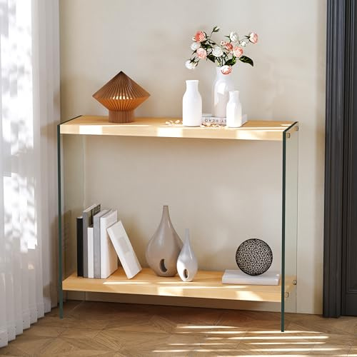 Artloge Mesa de Consola de Entrada, 80x30x76cm Mesa Auxiliar Rectangular con Tablero de MDF, Patas de Cristal, Aparador de Exposición para Salón Pasillo Recibidor, Color Madera y Transparente