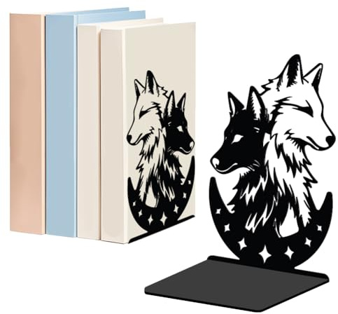 WADORN 1 Paar Wolf Moon Metall Buchstützen Für Regale, Wilder Wolfskopf Robuste Dekorative Buchstützen Aus Metall rutschfest Schwarz L Förmiger Buchstopper Für Bibliothek Zuhause Büro 13.5x11x20cm