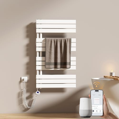 EMKE WiFi Badheizkörper Elektrisch 1041x600 mm - Flach Handtuchheizkörper Elektrisch, Elektrischer Handtuchwärmer Handtuchtrockner Handtuch Heizkörper Bad mit Thermostat und Heizstab - 600W, Weiß