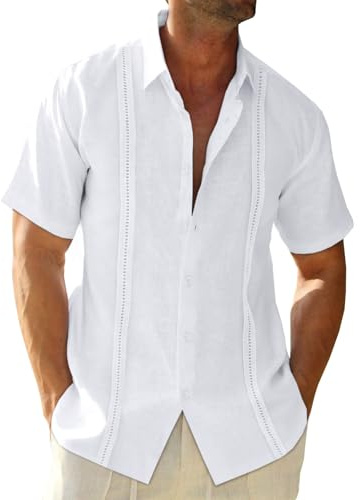 Runcati Mens Linen Cuban Guayabera Shirts Button Down Short Sleeve Shirt