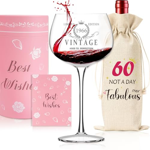SHXWELL 60th Birthday Gifts for Women, Vintage 1966 Platinum Print Wine Glass,60 Year Old Birthday Decorations for Women, Personalised Gifts for Women,Wife, Friends, Daughter, Sister Mom
