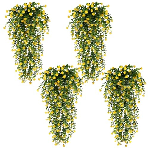 4 Stück Plastikpflanzen Künstliche Pflanzen Home Decoration Kunstpflanze | Groß Künstliche Blumen Eukalyptus Kamelie für Wohnzimmer Zimmer Wand Bücherregal Garten Party Büro (Gelb)