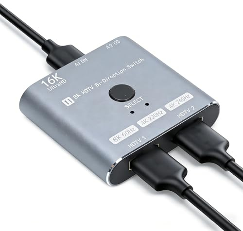 LICAEVEY HDMI Splitter 2 in 1 Out 8K@60Hz 4K@120Hz, Dubbelriktad 48Gbps HDMI 2.1 Switcher med VRR HDR10+ för PC PS Gaming, Aluminiumlegering