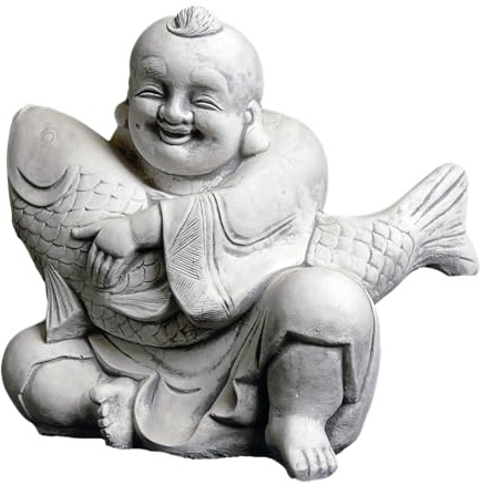 gartendekoparadies.de Buddha mit Koi Karpfen, Steinfigur, H. 33 cm, 21 kg, Grau, frostsicher aus Steinguss für Außenbereich (Grau)