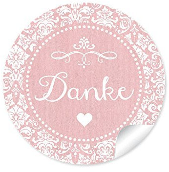 48 STICKER: Edle Etiketten in Rosa mit Herz und Ornamente Danke (A4 Bogen) • Papieraufkleber (Sticker/Aufkleber/Etiketten im Format 4 cm, rund, matt)