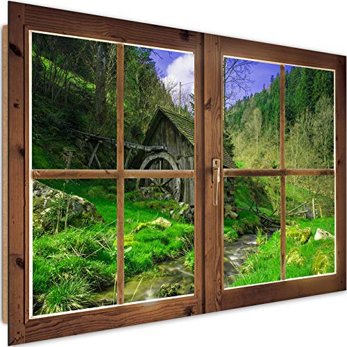 Feeby Cuadro Imagen XXL Ventana Falsa Impresión de Arte Molino Río Verde 120x80 cm