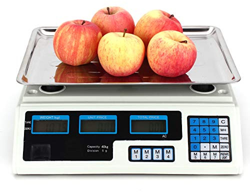Prisvåg (40 kg/5 g) rostfritt stål våg med LCD-display batteri vattenpass Tara funktion batteridrift digital – prisvåg paketvåg köksvåg digital våg – färg vit
