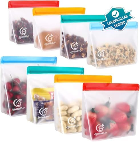 Joyoldelf Sacchetti Freezer Riutilizzabili - 8 Pezzi Sacchetti Alimenti In Peva con Chiusura, Buste Trasparenti Sacchetti Congelatore In Silicone Senza BPA per Panini Pranzo Verdure Latte Snack Carne