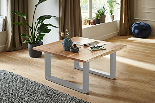 SAM Couchtisch 80 x 80 cm Quintus, echte Baumkante, massiver Beistelltisch aus Akazienholz, naturfarben, Metallgestell Silber | echte Baumkante, massiver Beistelltisch aus Akazienholz naturfarben