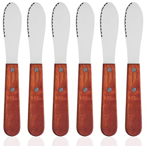 DaKuan 8 Inch, 6 Pack Stainless Steel Straight Edge Wide Butter Spreader with Wood Handle, 8 Inch Sandwich Cream Cheese Condiment Knives