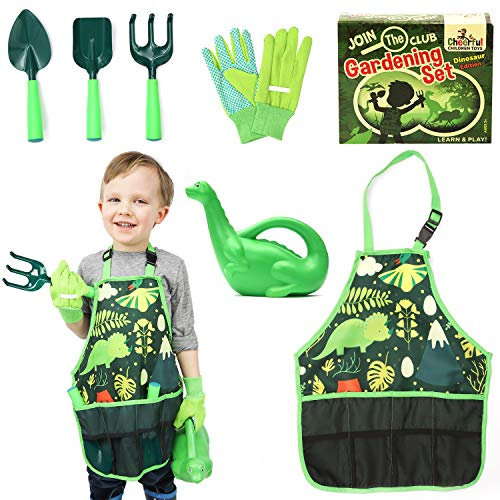 Cheerful Children Toys Kids Gardening Set – Gardening Tools for Kids with Watering Can, Shovels, Rake, Gloves & Apron – Planting Outdoor Activity for Boys & Girls Ages 3-7, Dinosaur Edition