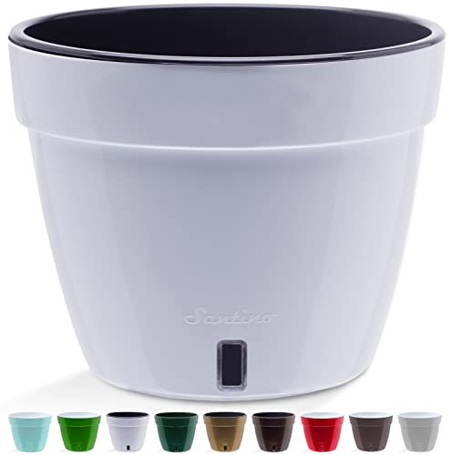 Santino ASTI Vaso da Fiori Autoirrigante con Indicatore del Livello Dell'acqua, Rotondo, per Impianti, Fiori, Erbe (Ø 30 cm, altezza 23 cm, 12 L, Bianco/Nero)