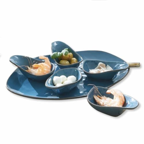 LOBERON Servierschälchen 6er Set Biarré, blau | fünf Schälchen + Unterteller, für Dips und Saucen, traditionelle Handarbeit, Küchenutensilien, Tischaccessoires, Steinzeug