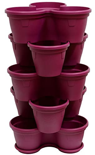 Engelland 5X Blumentopf, Säulentopf, Pflanzturm, Hochbeet, Pflanztopf-Kübel mit Untersetzer, stapelbar, widerstandsfähig, Kunststoff, für Außenbereich, 55 Liter, Farbe: Lila