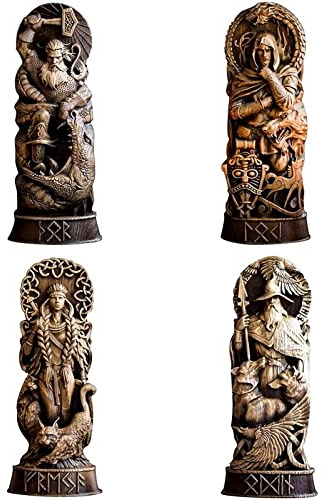 genmaiwodeshisb ROPAGI nordischer Gott Harzstatue skandinavische Pantheons, nordische Götter Figur Handwerk Wikinger Mythologie Zuhause Weinschrank Schale Bücherregal Skulptur Orament (4 Stück)