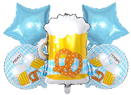 Oktoberfest Deko Folienballons 5 Stück Bier Brezel Luftballons blau-weißer Ballon für das Oktoberfest Bayerische traditionelle Party