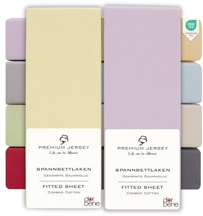 DarBene Spannbettlaken 140x200 Premium 2er Set Color-Mix, Jersey 100% gekämmte Premium Baumwolle, Blickdicht, superweiches Bettlaken bis 30 cm Matratzenhöhe, Oeko-TEX, Elfenbein & Flieder hell | 100% gekämmte Baumwolle, 145 g/㎡ Jersey, bis 30 cm Matratzenhöhe, atmungsaktiv, weich, kuschelig