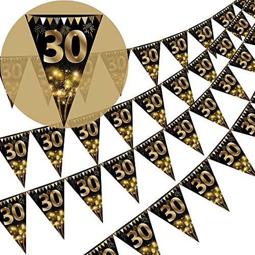 Wimpelkette Happy 30th Birthday, goldfarben und schwarz, glitzernd, für Geburtstag, Jahrestag, Party, Dekoration, Zubehör, Dreiecksflagge, Banner für Männer und Frauen, 40 Stück