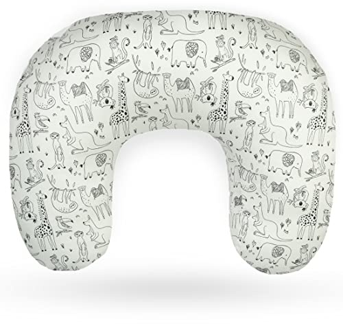 Ella amningskudde - ergonomisk babykudde för bekväm amning och utfodring av spädbarn, vadderat nackstöd för spädbarn med avtagbart bomullsöverdrag - djurmönster