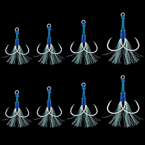 SUPERFINDINGS 4 Größen Doppel Angelhilfshaken Set 8 Stück Blaues Siegel Langsamer Schneller Fall Jigs Angelhaken Meeresangeln Jigging Köder Haken Mit Quaste Für Fischausrüstungszubehör