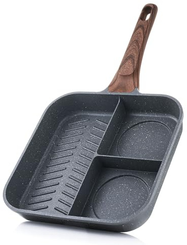 SENSARTE Bistecchiera antiaderente divisa per piani cottura, padella versatile per la colazione a 3 sezioni, padella quadrata resistente, padella per bistecca, PFOA, PFOS, APEO, compatibile con