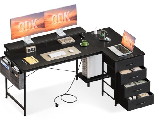 ODK L Shaped Computer Desk with Drawers & Monitor Stand, 160 x 80 cm, Black | Corner Desk with USB Charging Port & Power Outlet, Home Office Desk with PC Stand & Storage Bag, Gaming Home Workstations