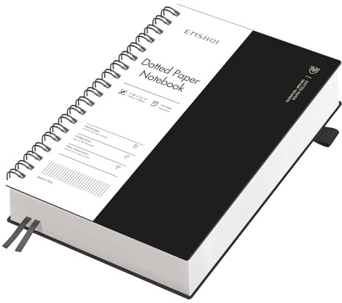 EMSHOI Notizbuch B5 Dotted, 100g/m², 300 Seiten - Schwarz | Bullet Dotted Journal, PVC Cover, 180° flach, Innentasche, Stiftschlaufe, Lesezeichenband, für Büro Schule, 19 x 25 cm