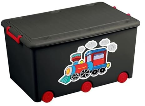 BDW Aufbewahrungsbox mit Deckel - Kiste für Kinderzimmer, Kindergarderobe - Spielzeug Aufbewahrung, Spielzeugkiste, Box 60 L - 57 x 36 x 29 cm - Kunststoff - mit Motiv Lokomotive