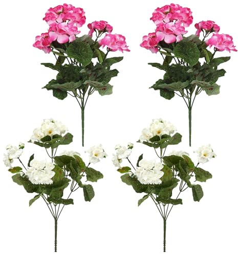 FOERPL Künstliche Geranien, Seide, 35,6 cm, Rosa, Weiß, Blumen, Outdoor, UV-beständig, für Gartenpflanzen, Busch, Heimdekoration, 4 Stück