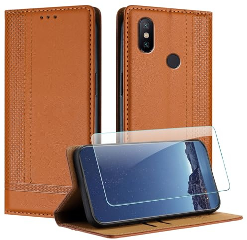 JayModCase Funda para Xiaomi mi 6X / A2 con Protector Pantalla, Flip Leather Ranura Tarjeta Magnético Wallet Carcasa con Cierre magnético Soporte Plegable para Xiaomi A2 - Marrón