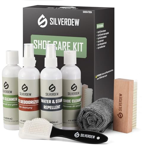 SILVERDEW 7PCS Shoe Cleaning Kit, 2 Bottles Shoe Cleaner, Deodorizer, Protector Waterproof and Stain, 2 Brushes & Microfiber Towel for Sneaker, Leather, Nubuck, Suede, Mesh & Canvas