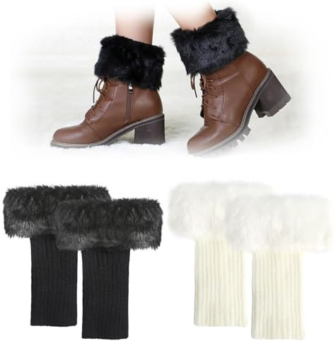 YGKYMVW Damen Fellbesatz Beinstulpen Stiefel Überzug Warme Winter Kurze Beinstulpen, Knöchel Warme Socken Mädchen Stiefel Abdeckung für Winterwärmer（Weiß und schwarz）