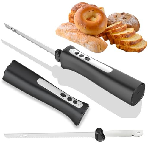 2pcs Couteau découper électrique couteau pain, couteau à pain électrique rechargeable sans fil avec lames dentelées en acier inoxydable, couteau trancheur viande déclencheur verrouillage sécurité