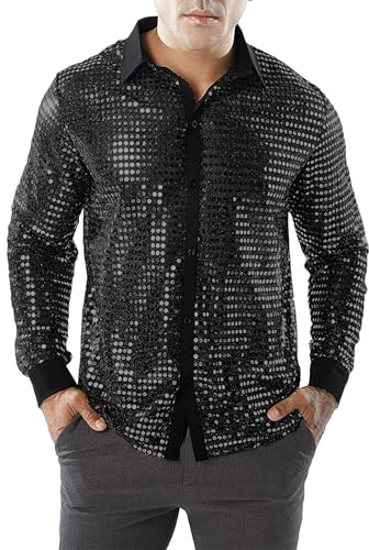 70s Disco Outfit Shiny Men's Performance Shirt Long Sleeve Sequins Tops 70s 80s Fancy Dress Shirt Retro Party Dance Top Button Down Shirts Sparkly Nightclub Work Uniform Xmas Ball Costumes