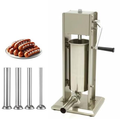 Générique Poussoir à Saucisses Manuel Vertical 5L - Acier Inoxydable - 4 Tubes Inclus - 2 Vitesses - Idéal pour Charcuterie et Boucheries