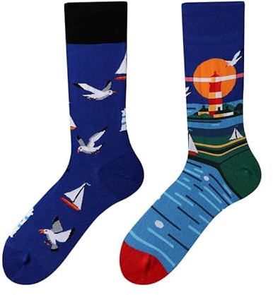 NxnChc Calze Divertenti Unisex Per Donne E Uomini, Con Molti Motivi Gabbiano e barca a vela Animali, Cibo, Frutta, Sport, Arte, In Cotone, Regalo, Motivi Asimmetrici Destro E Sinistro