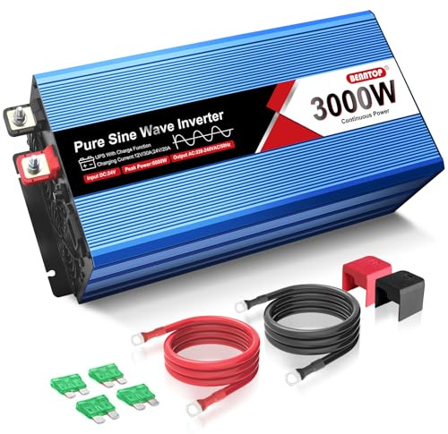 BENNTOP Inversor 3000W/6000W 24V a 220V 230V Onda sinusoidal Pura Convertidor Inverter Transformador de Voltaje con 1 USB,Pantalla LCD,para Sistema Solar, Coche,Caravanas,Acampada