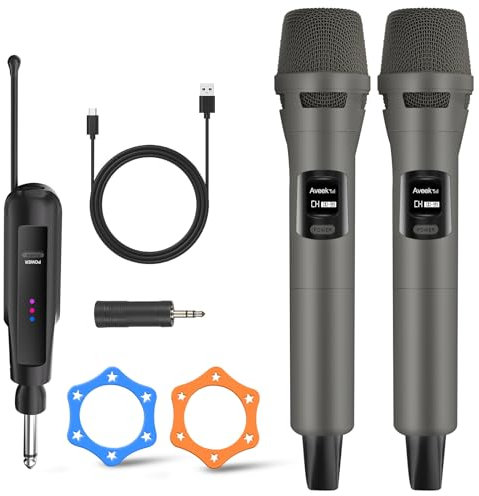 Aveek Microphone Sans Fil Professionnel, Système Dual Microphone 2.4 GHz Rechargeable avec Récepteur, Portée de 30m, pour Karaoké, Chant, Fêtes, Soirées, DJ, Églises, Mariages