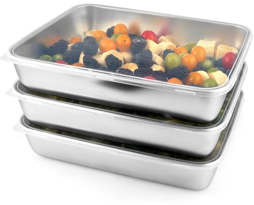 Sanbege 3 Pcs Stainless Steel Food Containers with Clear Lids, 12 x 9.6 Large Stackable Snack Storage Boxes, Deli Meat Keeper for Refrigerator or Picnic, BBQ Party