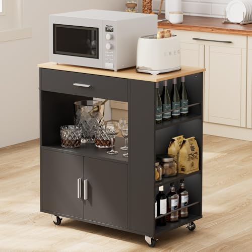 Warmiehomy Kitchen Island on Wheels with Storage Trolley Bar Table Kitchen Trolley Drinks Cabinet and Bar Cart Kitchen Island with Seating 82x46x88cm, Black & Wood