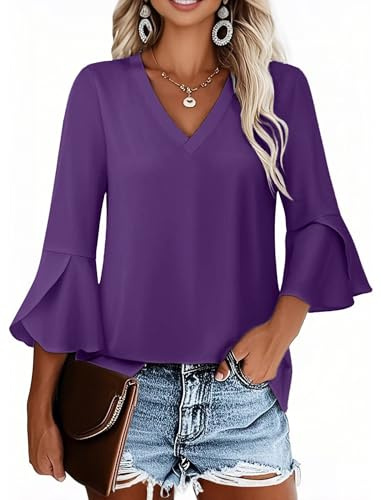 VICHYIE Maglia da Donna a 3/4 Maniche con Scollo a V, Top Estivo, Basic, Casual, Lungo Treno