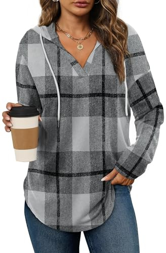 Cuptacc huvtröja damtröja V-ringad huvtröja dam med dragsko sweatshirt lamoversized tröja, Grå pläd, XL