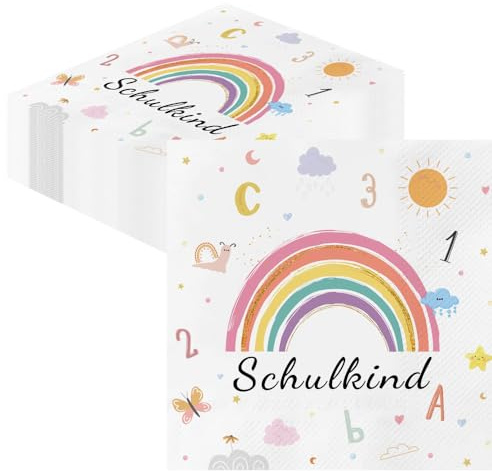 Glamifyr 40 Stück Servietten Einschulung Servietten Schulanfang, Schulkind Servietten Schulkind Deko Junge Schulkind Deko Mädchen, Schulanfang Regenbogen Party Tischdeko, 33 x 33 cm
