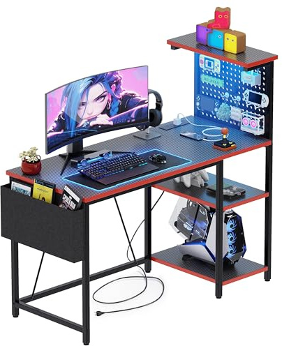 Xyphren Gaming Desk with Pegboard & Power Outlet & LED Light, Small Computer Desk with Reversible Shelves for Corner Home Office Desk, 100 * 50cm, Blcak