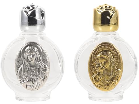 PartyKindom 2pcs Holy Water Bottles Decorative Small Glass Bottles Engraved Alloy Portable Blessing Water Containers Religious Set for Home and Travel