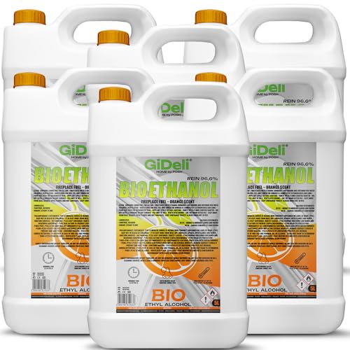 GiDeli Bioetanol - 6 x 5 l, aroma a naranja, 96,6% etanol, para chimeneas interiores y exteriores, sin humo ni hollín, de maíz y remolacha azucarera