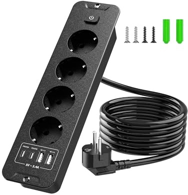 Inhwatek Steckdosenleiste mit USB (PD 20W), 4-Fach Einbausteckdose, Versenkbare Steckdose 8-in-1 Tischsteckdose, Mehrfachsteckdose mit 2M Kabel Für Küche Büro Arbeitsplatte, 3680W/16A